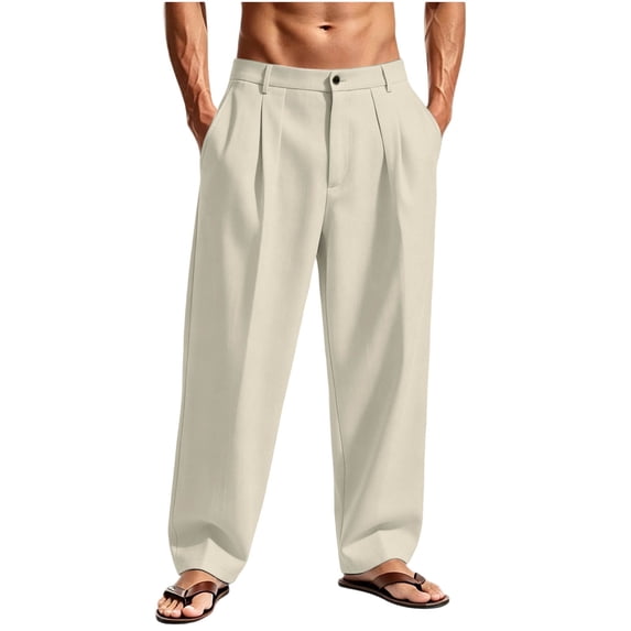 Fengqque Men's Pleated Wide Leg Casual Dress Pants Elastic Waist Baggy Relaxed Loose Fit Slacks Business Casual Wear Beige 3XL