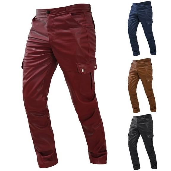 Fengqque Men`s Punk Retro Gothic Slim Fit Casual Pants Rock Punk Hip Hop Faux Leather Motocycle Pants Red 8(XL)