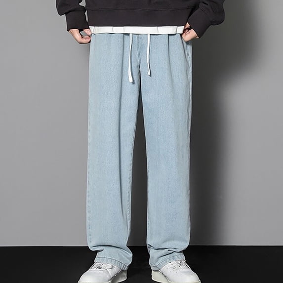 Fengqque Men's Regular Fit Straight Leg Jeans Casual Drawstring Elastic Waist Denim Pants Lightweight Jean Light Blue XXXL