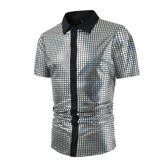 Fengqque Men's Relaxed Short Sleeve Lapel Sparkle Sequins Shirts 70s Disco Nightclub Party Shirt Top Silver S(S)