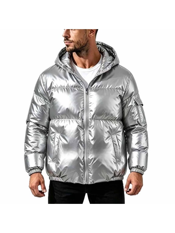 Men's Shiny Metallic Hooded Puffer Jacket, Solid Color Full Zip Long Sleeve Winter Warm Outerwear with Arm Pockets Silver 5XL