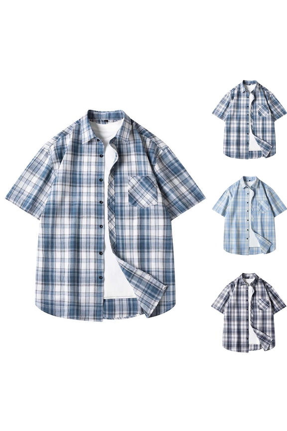 Men's Short Sleeve Lapel Top,Mens Short Sleeve Lapel Button Loose and Casual Plaid Shirt with Pockets Light Blue XL(XL)
