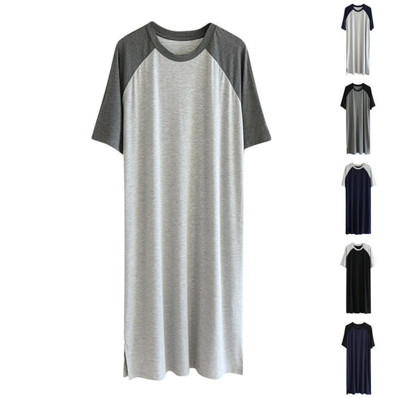 Fengqque Men's Short Sleeved Round Neck Cotton Sleeper Robe Loose Solid Color Ice Silk Thin Home Sleeper Robe Navy XL(XL)
