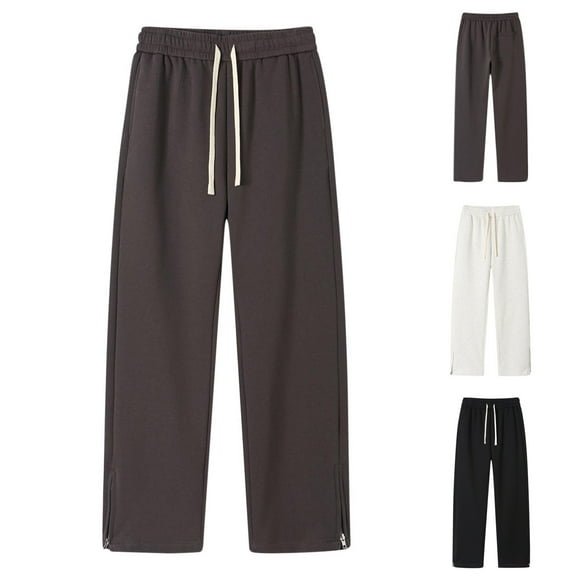 Fengqque Men's Simple Solid Color Thin Velvet Pants Elastic Waist Drawstring Loose Straight Leg Pants White 12(XL)