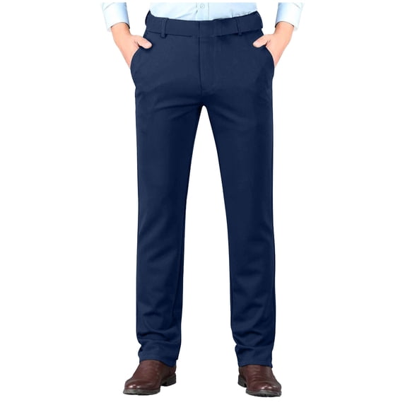 Fengqque Men's Slim‑Fit Stretch Dress Pants Business Casual Expandable Waist Trousers with Pockets Dark Blue 30