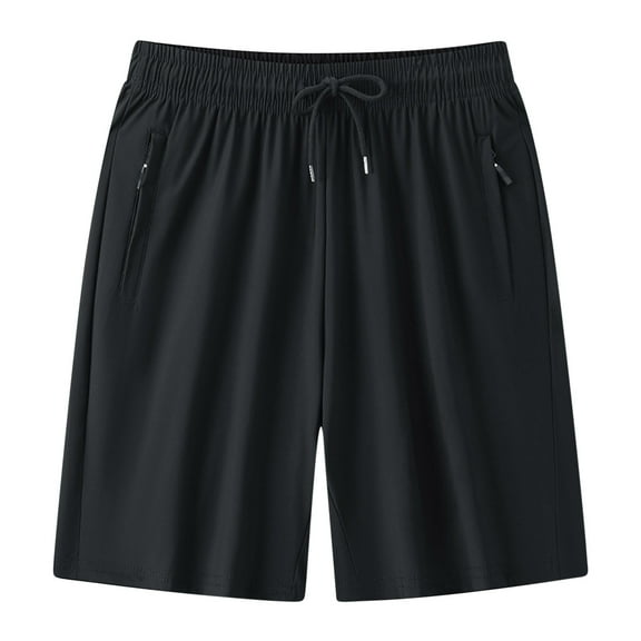 Fengqque Men's Solid Color Casual Elastic Waist Drawstring Zippered Pocket Loose Wide Leg Sports Shorts Black L(L)