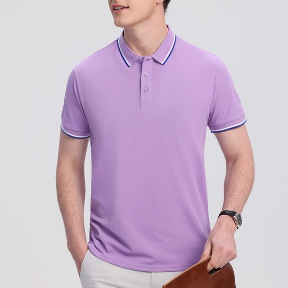 Fengqque Men's Solid Color Casual Fashion Short Sleeve Lapel Quarter Button Business Dress Shirt Purple L(L)