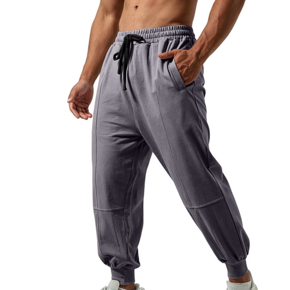 Fengqque Men's Solid‑Color Cotton Loose Harem Jogger Pants Elastic Drawstring Waist Sports Casual Trousers with Side Pockets Dark Gray M