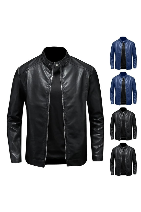 Men's Solid Color Leather Jacket Fashionable PU Leather Long Sleeved Stand Collar Leather Jacket Blue XL(XL)