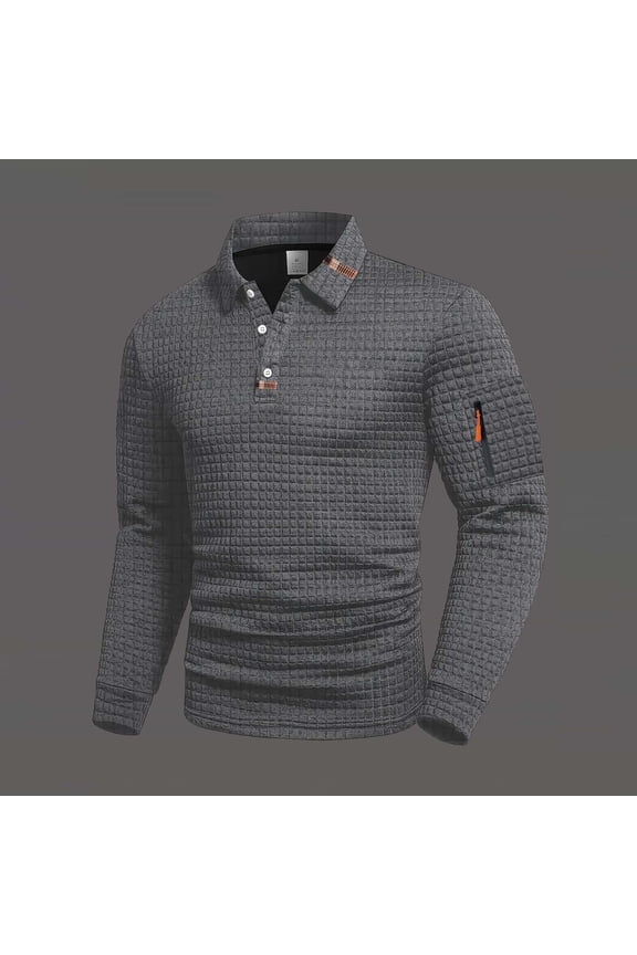 Men's Solid Color Long Sleeved Lapel Quarter Button Small Grid Lapel Self-cultivation Top Gray XXXL(XXXL)