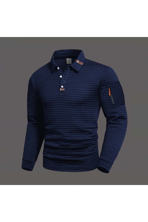 Men's Solid Color Long Sleeved Lapel Quarter Button Small Grid Lapel Self-cultivation Top Navy S(S)