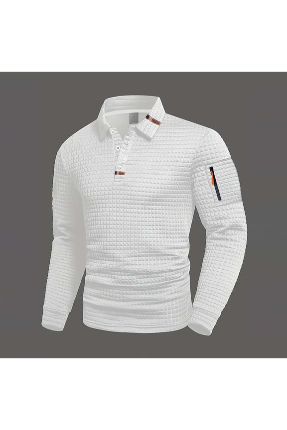 Men's Solid Color Long Sleeved Lapel Quarter Button Small Grid Lapel Self-cultivation Top White M(M)