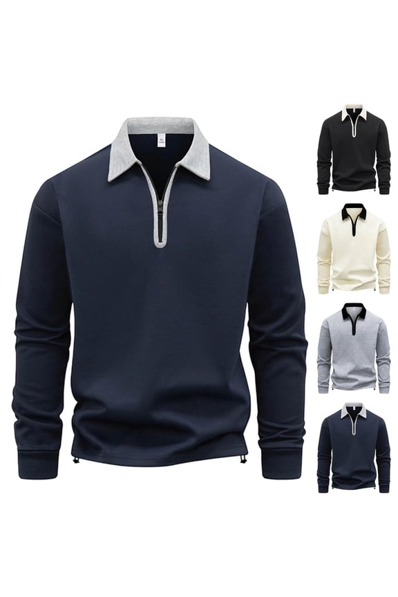 Men's Solid Color Long Sleeved Lapel Quarter Zipper Regular-fit Top T-shirt Polo Shirt Gray XL(XL)