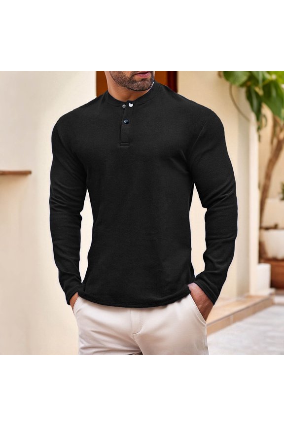 Men's Solid Color Long Sleeved Round Neck Quarter Button Down Velvet Base Self-cultivation T-shirt Top Black XXXL(XXXL)