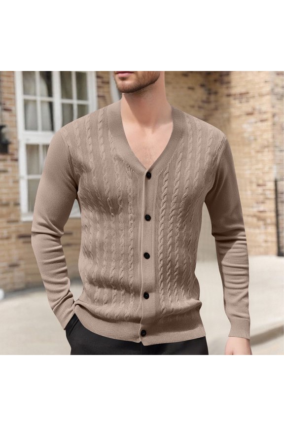Men's Solid Color Long Sleeved V-neck Self-cultivation Jacquard Sweater Knitted Cardigan Jacket Coffee M(M)
