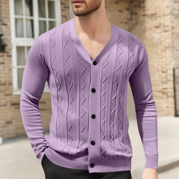 Fengqque Men's Solid Color Long Sleeved V-neck Self-cultivation Jacquard Sweater Knitted Cardigan Jacket Purple L(L)