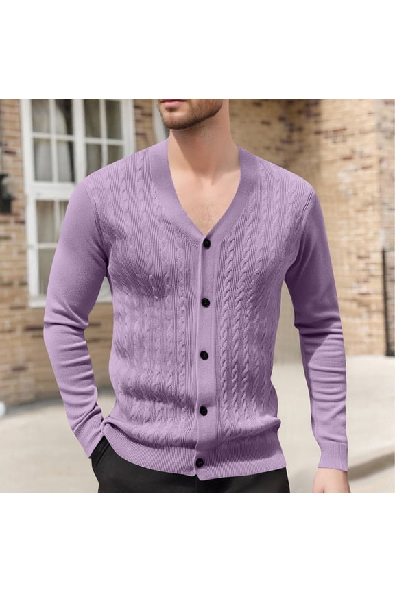 Men's Solid Color Long Sleeved V-neck Self-cultivation Jacquard Sweater Knitted Cardigan Jacket Purple XXL(XXL)