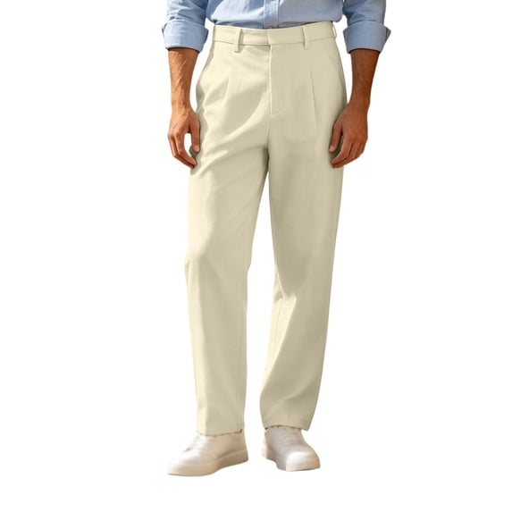 Fengqque Men's Solid Color Loose Straight-Leg Casual Pleated Dress Pants with Pockets Beige 3XL