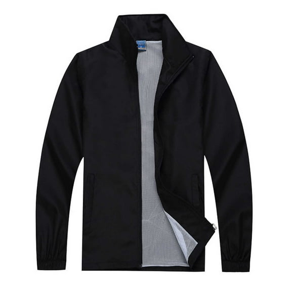 Fengqque Men's Solid Color Mesh Sports Zipper Long Sleeved Stand Collar Hooded Casual Jacket Black XXL(XXL)