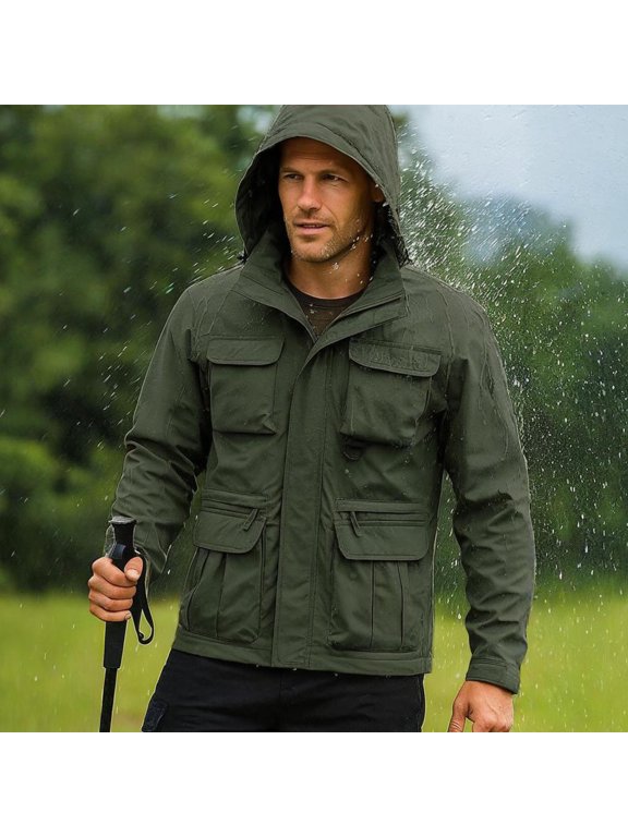 Men's Solid Color Outdoor Pocket Zipper Long Sleeved Windproof and Splash Proof Detachable Arm Submachine Jacket Hooded Jacket Army Green XL(XL)