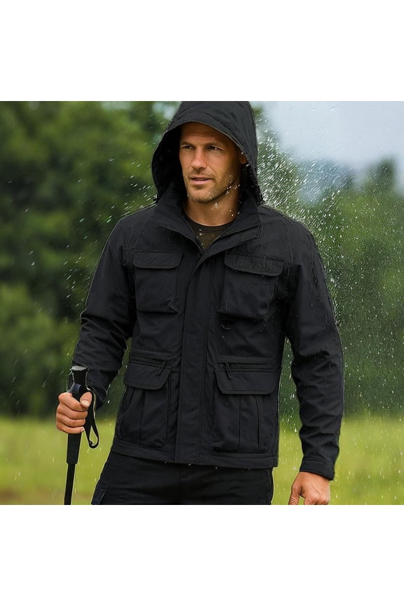 Men's Solid Color Outdoor Pocket Zipper Long Sleeved Windproof and Splash Proof Detachable Arm Submachine Jacket Hooded Jacket Black XXXXXL(XXXXXL)