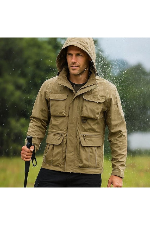 Men's Solid Color Outdoor Pocket Zipper Long Sleeved Windproof and Splash Proof Detachable Arm Submachine Jacket Hooded Jacket Khaki XXXXXL(XXXXXL)