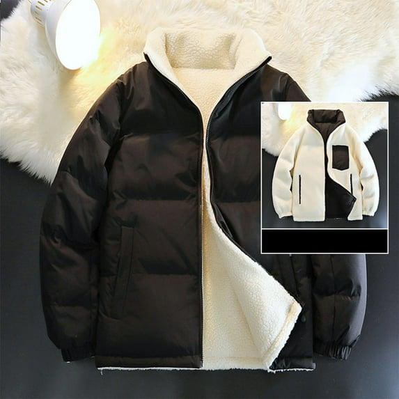 Fengqque Men's Solid Color Reversible Long Sleeved Stand Collar Zipper Cardigan Plush Warm Cotton Jacket Black M(M)
