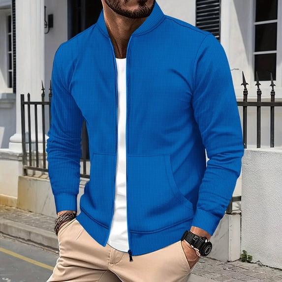 Fengqque Men's Solid Color Waffle Long Sleeved Stand up Collar Zipper Cardigan Jacket Men's Long Sleeved Jacket Blue S(S)