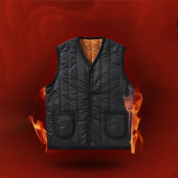 Fengqque Men's Solid Color Warm Cotton Sleeveless V-neck Velvet Vest Button Jacket with Pockets Black 10(XL)