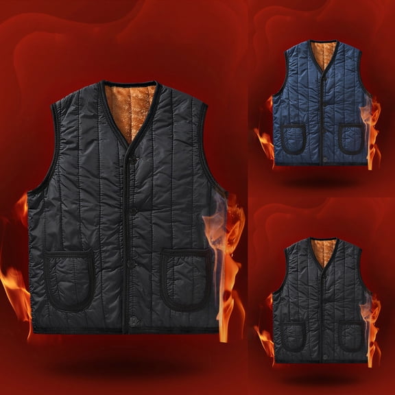 Fengqque Men's Solid Color Warm Cotton Sleeveless V-neck Velvet Vest Button Jacket with Pockets Navy 10(XL)