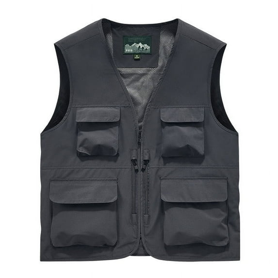 Fengqque Men's Solid Color Workwear Vest V-neck Multi Pocket Outdoor Sleeveless Vest Casual Jacket Gray 10(XXL)
