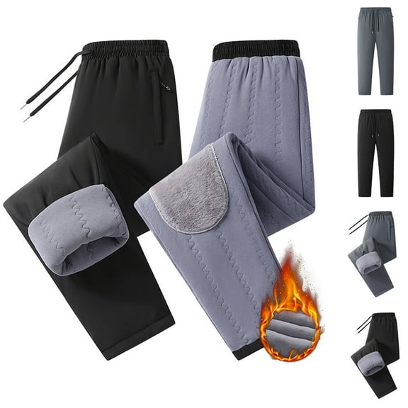 Fengqque Men's Solid Color and Plush Thick Elastic Waistband Drawstring Knee Protection Warm Straight Leg Pants Gray XL(XL)