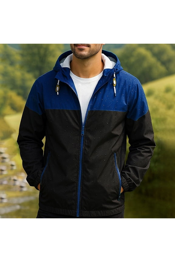 Men's Sports and Fitness Jacket Pockets Zippered Anti Splash Long Sleeved Hooded Casual Jacket Black S(S)
