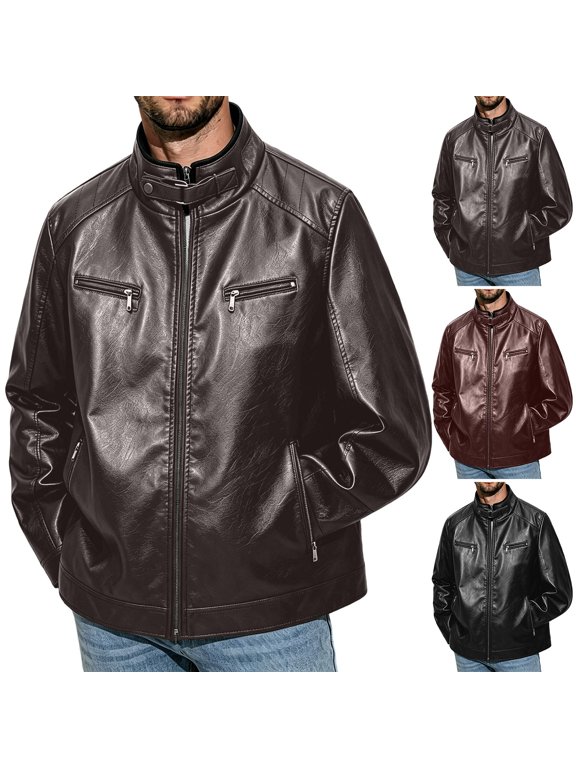 Men's Stand Collar Faux Leather Moto Jacket,Vintage Full‑Zip Casual Coat with Multi Zipper Pockets Wine XXS