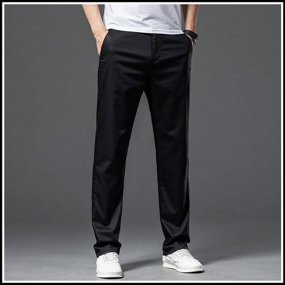 Fengqque Men's Straight-Fit Self-cultivation High-end Ice Silk High-end Business Casual Pants Black XXL