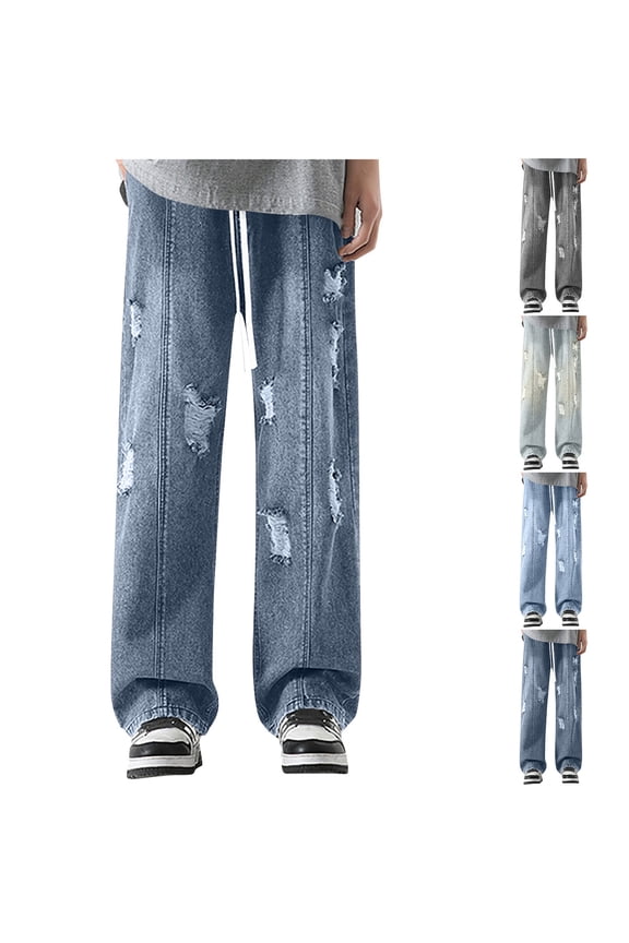 Men's Straight Leg Jeans Loose Fit Ripped Distressed Jean Relaxed Skateboard Denim Pants with Holes Yellow XL(XL)