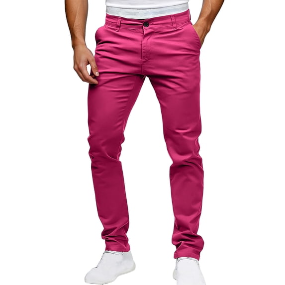 Fengqque Men's Straight Leg Pants Stretch Button Plus Size Slim Fit Work Trousers with Pockets Hot Pink XL(XL)