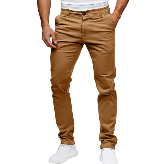 Fengqque Men's Straight Leg Pants Stretch Button Plus Size Slim Fit Work Trousers with Pockets Khaki XL(XL)
