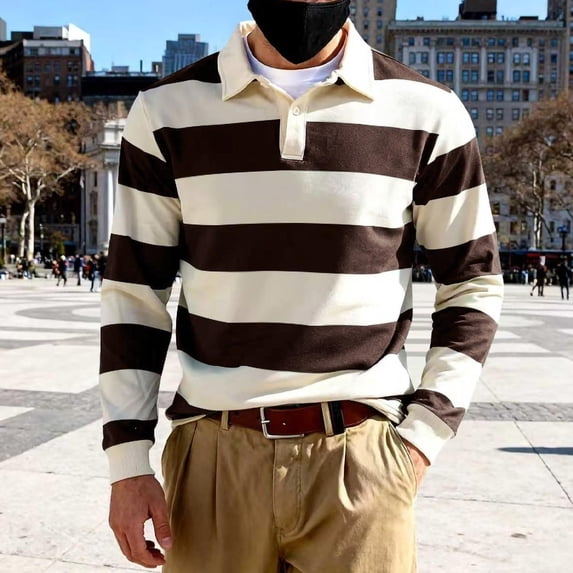 Fengqque Men's Striped Long Sleeve Polo Shirt Classic Turn Down Collar Button Placket Relaxed Fit Casual Rugby Top Brown XXXL