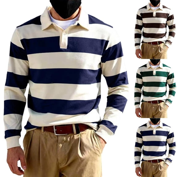 Fengqque Men's Striped Long Sleeve Polo Shirt Classic Turn Down Collar Button Placket Relaxed Fit Casual Rugby Top Navy XL