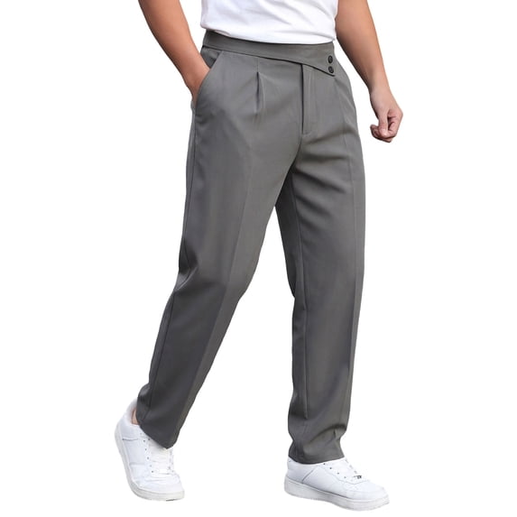 Fengqque Men's Suit Pant Pleated Baggy Wide Leg Relaxed Fit Waist Button Trousers with Pockets Dark Gray L(L)