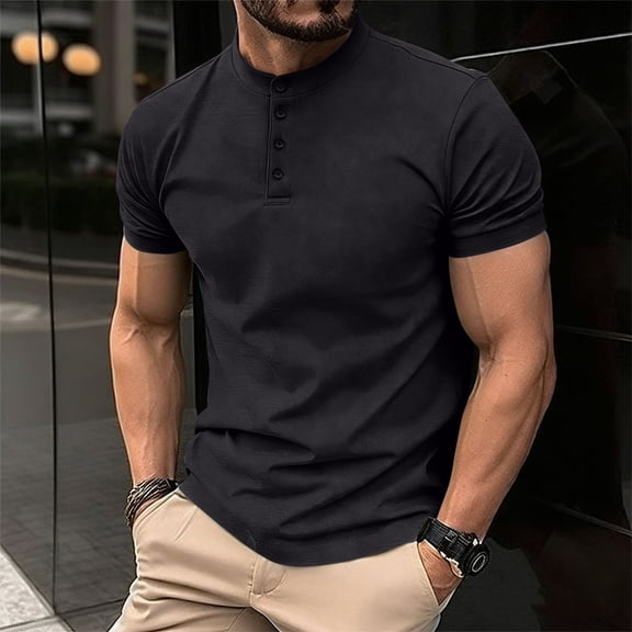 Fengqque Men's Summer Casual Fashion Shirt Short Sleeve Round Neck Quarter Button Slim Fit T-Shirts Black L(L)