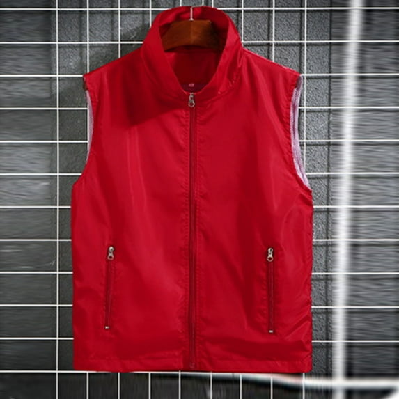 Fengqque Men's Summer Casual Solid Color Stand Up Collar Sleeveless Zipper Pocket Outdoor Quick Dry Vest Red XXXL(XXXL)