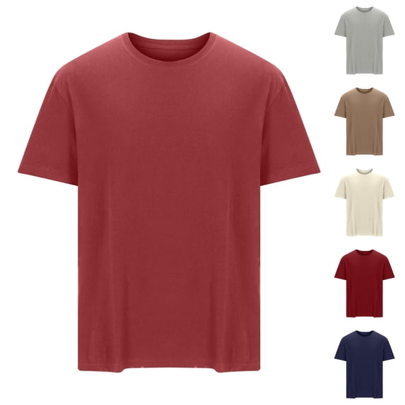 Fengqque Men's Summer Plus Size Casual Loose Solid Color Cotton Short Sleeve Round Neck Loose T-shirt Red 10(XL)