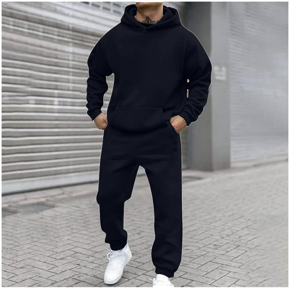 Fengqque Men's Sweatshirt 2 Piece Set Solid Color Casual Long Sleeved Elastic Waistband with Pockets Sweatshirt Suit Dark Blue 4(S)