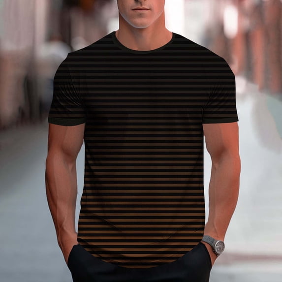 Fengqque Men's T Shirts Cotton-like Plus Size Top Short Sleeve Crewneck Summer Gradient Striped Tee Shirt Brown XXXL(XXXL)