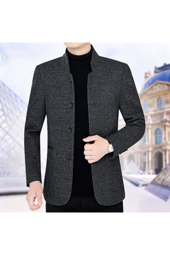 Men's Trench Coat Casual Woolen Jacket Slim Fit Top Coat Single Breasted Business Overcoat Black L(L)