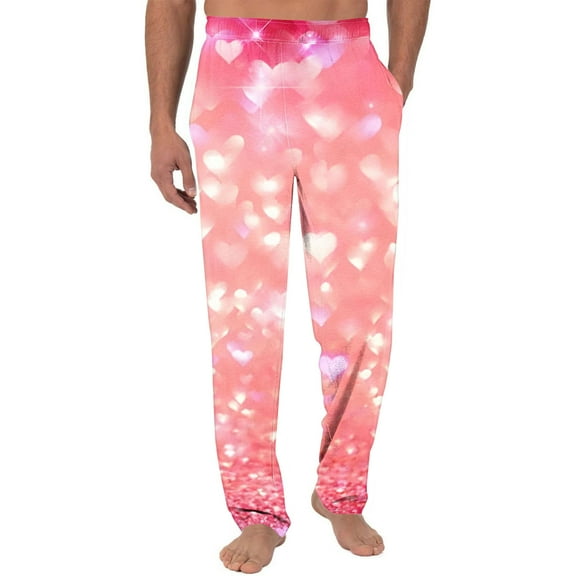 Fengqque Men's Valentine's Day Gift Elastic Waist Heart-shaped Print Loose Straight Leg Pants with Pockets Multicolor 6(M)