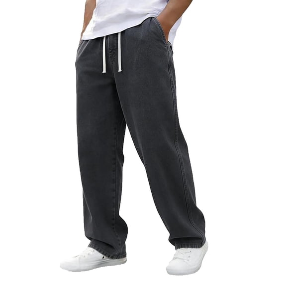 Fengqque Men's Vintage Fashion Solid Casual Elastic Waist Drawstring Jeans Pants with Pockets Gray S