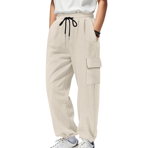 Fengqque Men's Waffle Stretch Cargo Pants Elastic Waist Drawstring Cargo Joggers Tapered Pants Khaki S(S)